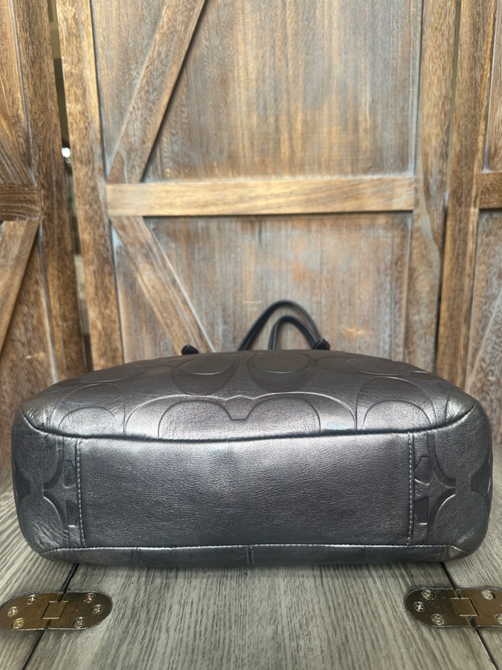 Coach F1049-F15242 Metallic Gray Gunmetal Embossed Leather Satchel Tote Bag - Picture 5 of 16